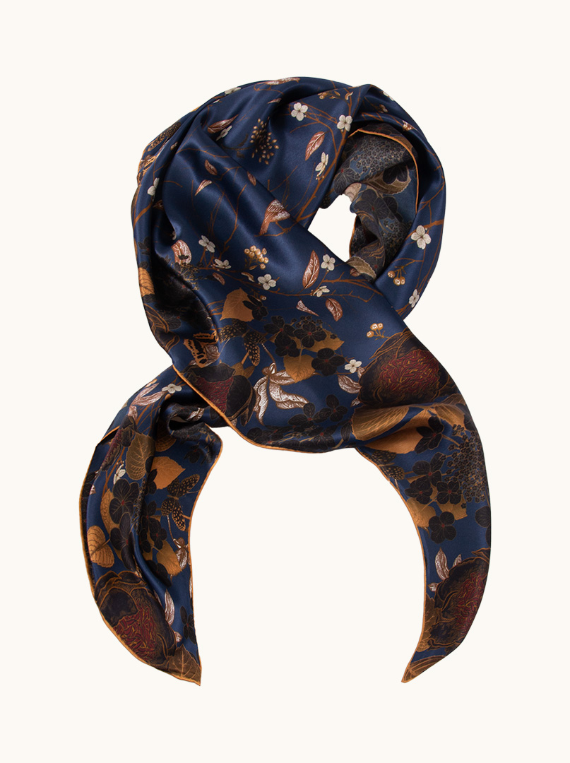 Large navy blue silk scarf with flowers 105cm x 105cm PREMIUM image 1