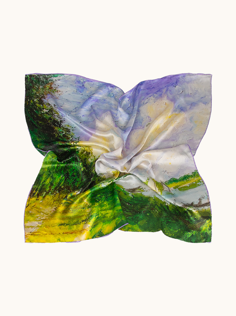 Silk scarf with landscape painting motif 90 cm x 90 cm image 3