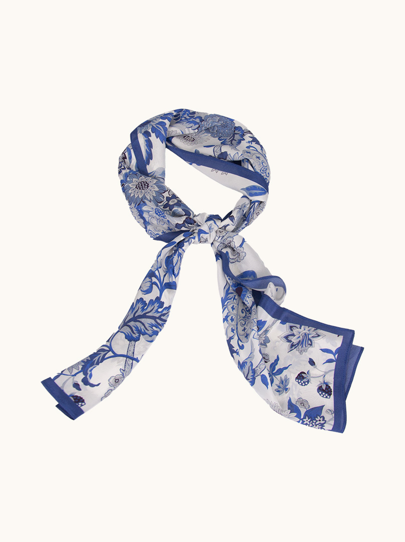 White silk scarf with blue flower motif 35 cm x 140 cm image 1