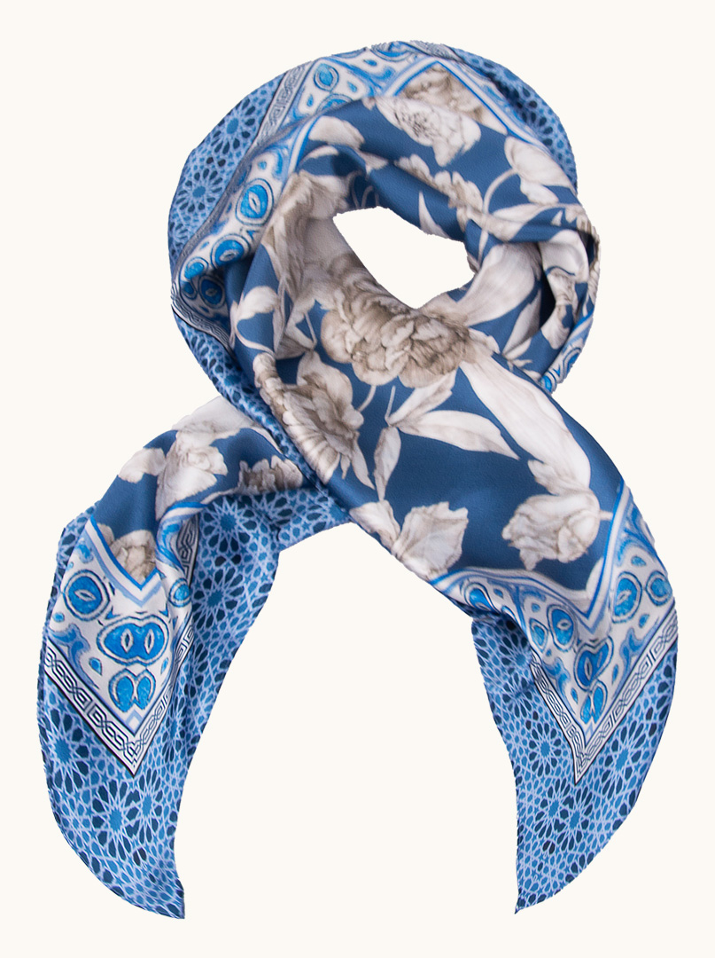 Blue silk scarf with white flowers 90 cm x 90 cm image 1