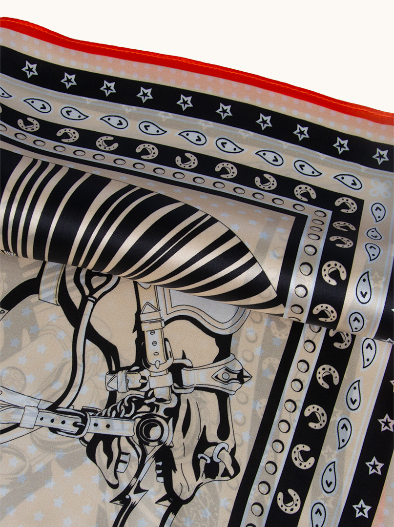 Silk gavroche with horse motif with orange border 53x53 cm image 3