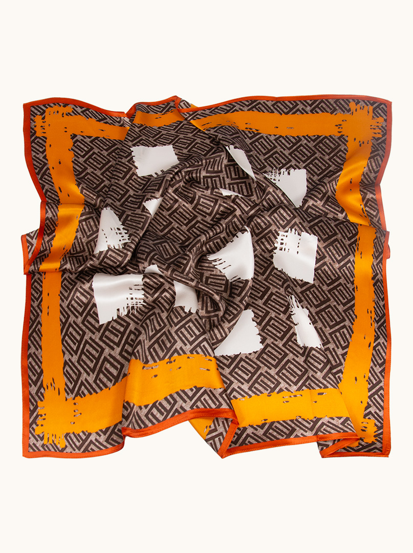 Brown silk scarf with geometric patterns 90 cm x 90 cm PREMIUM image 3