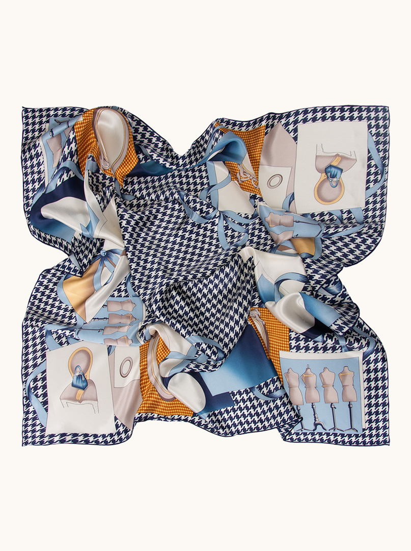 A large silk scarf blue in pepit, with a motif of gallantry - 110cm x 110cm. image 1
