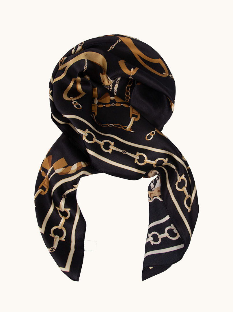 Black silk scarf with gold chains 90 cm x 90 cm image 1