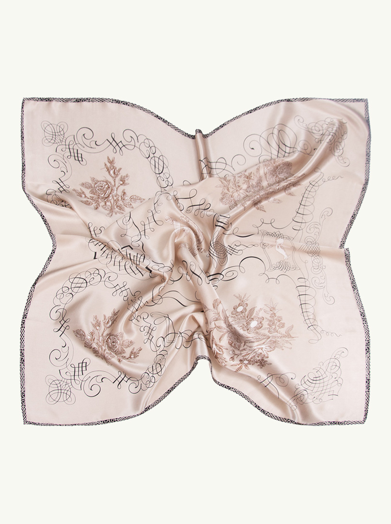Pink silk scarf with black patterns and floral motif 90 cm x 90 cm PREMIUM image 4