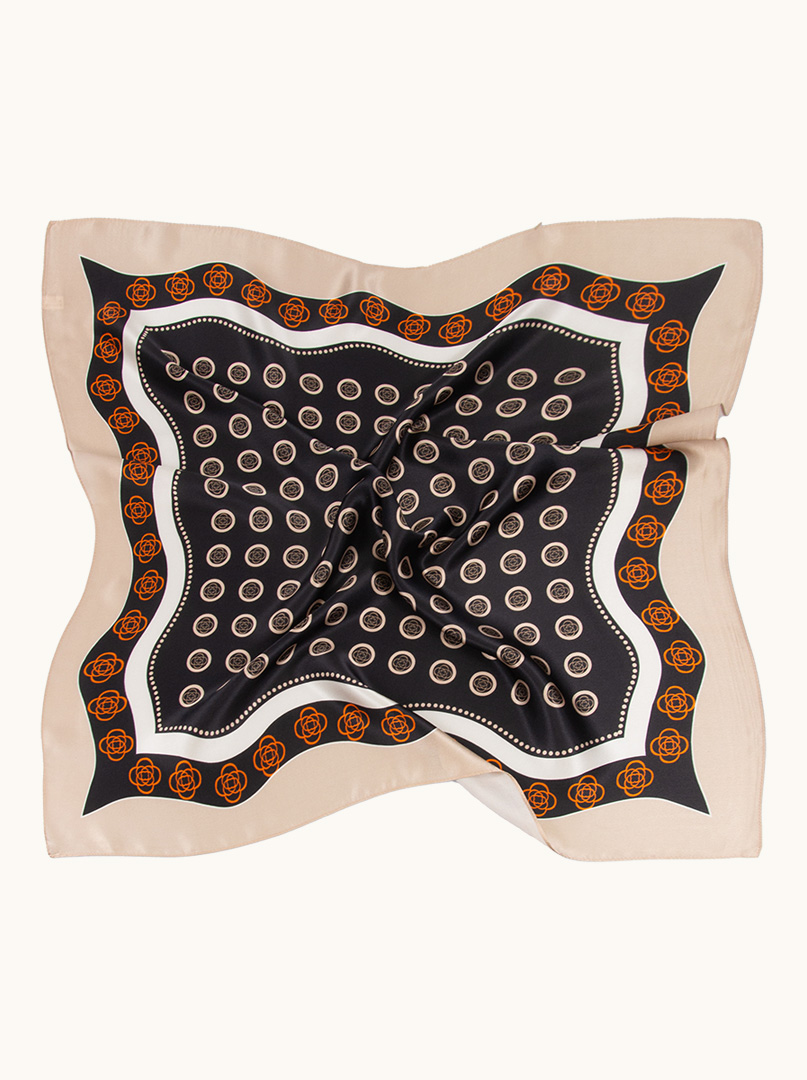 Black silk scarf in circles with beige border image 4