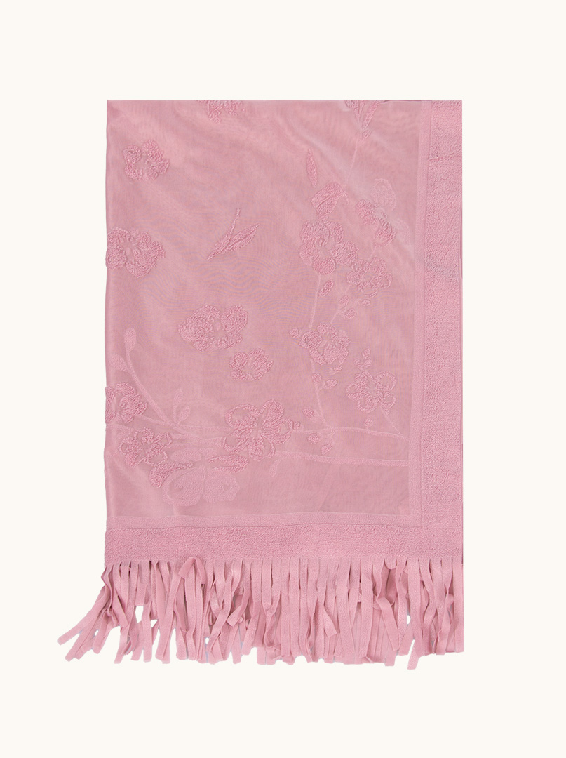 Pink evening shawl with embroidered white flowers with tassels 70 cm x 180 cm image 2