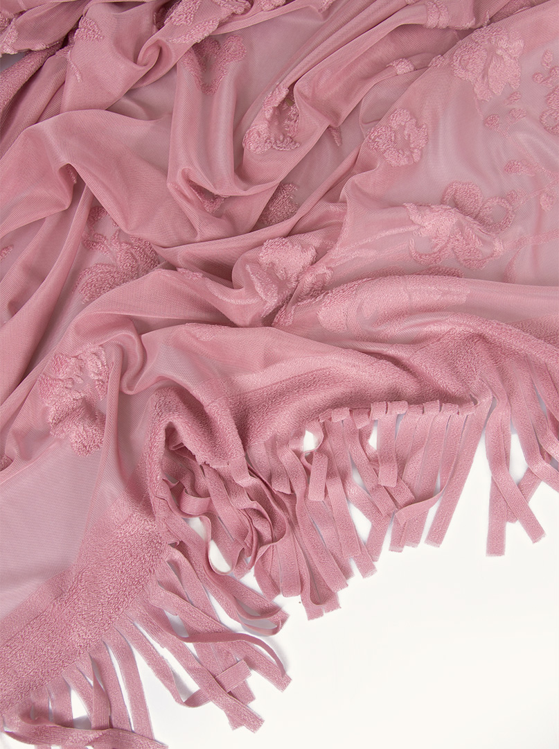 Pink evening shawl with embroidered white flowers with tassels 70 cm x 180 cm image 4