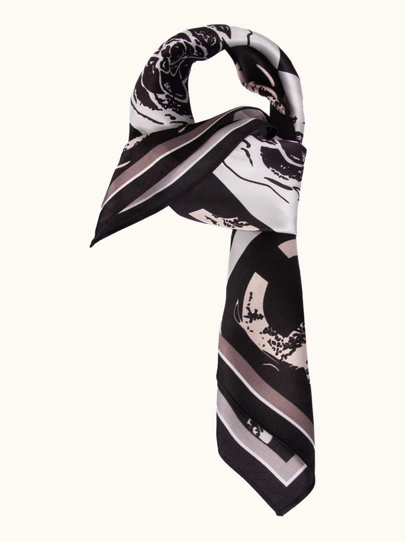 Black and white silk scarf with rose motif on checkerboard 70 cm x 70 c image 4