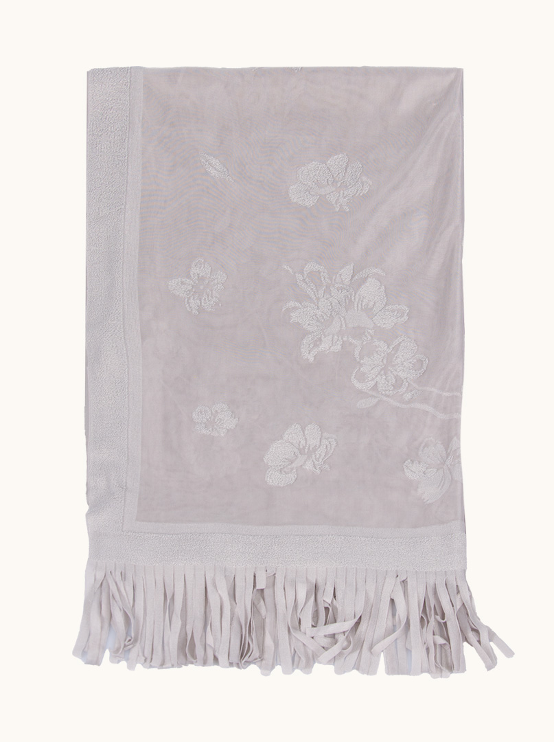 Grey evening shawl with embroidered white flowers with tassels 70 cm x 180 cm image 2