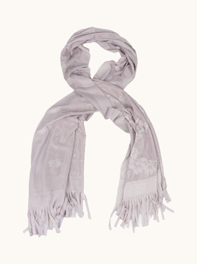 Grey evening shawl with embroidered white flowers with tassels 70 cm x 180 cm image 1