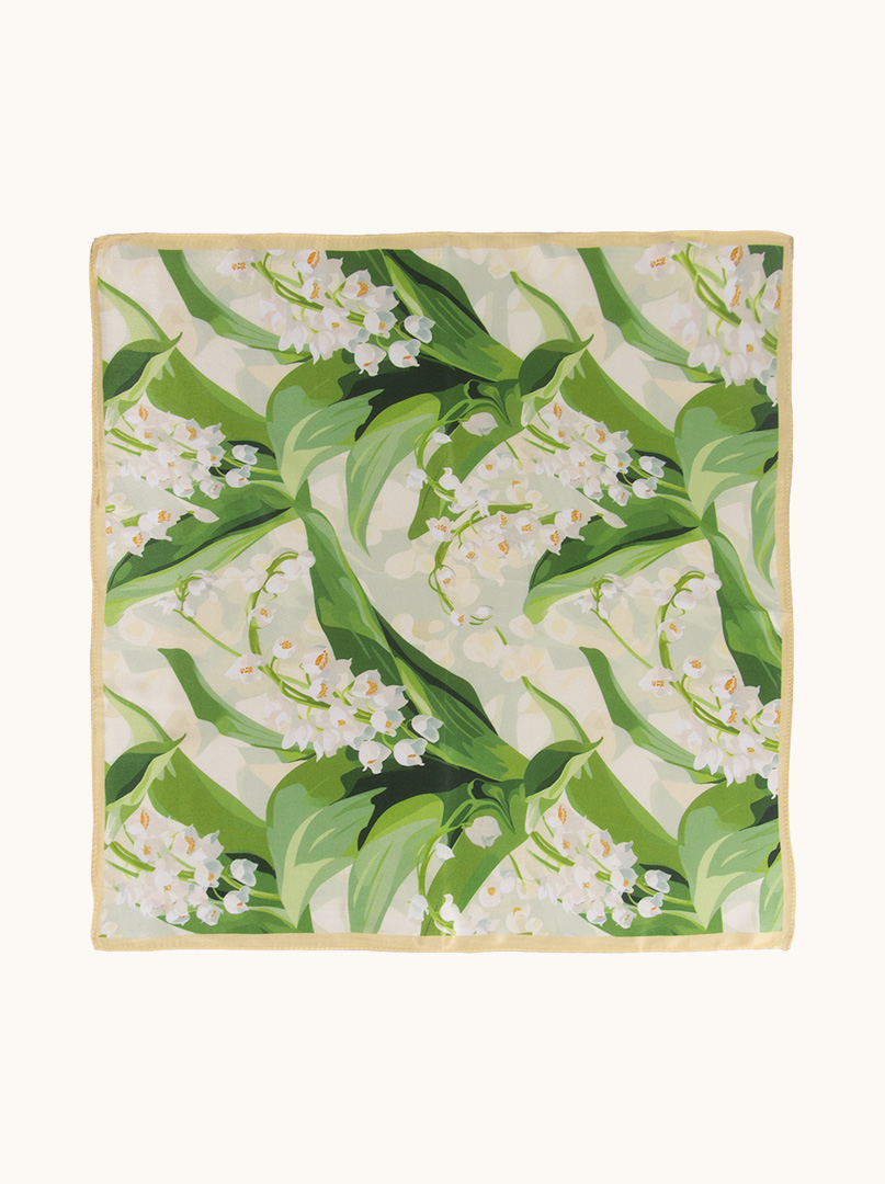 White silk gavroshka with lily of the valley motif 53x53 cm image 2