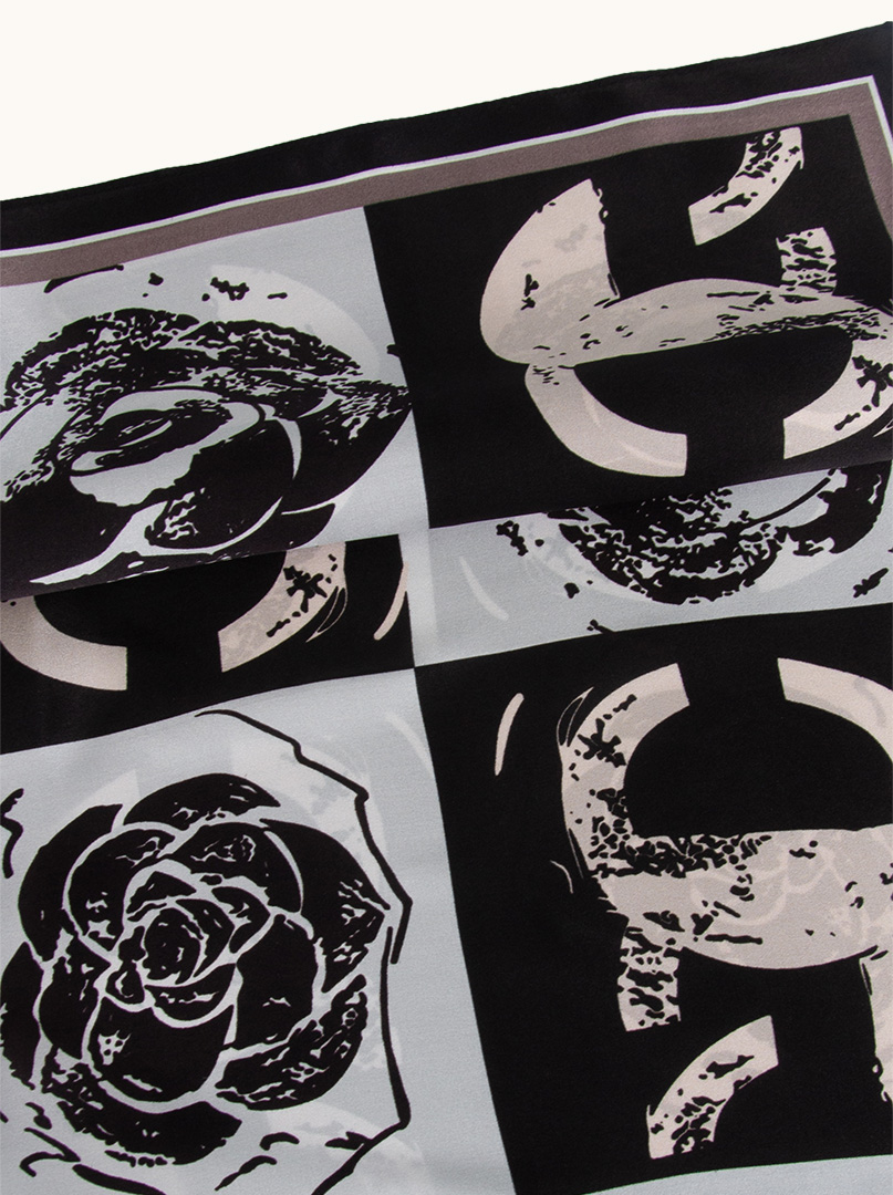Black and white silk scarf with rose motif on checkerboard 70 cm x 70 c image 1