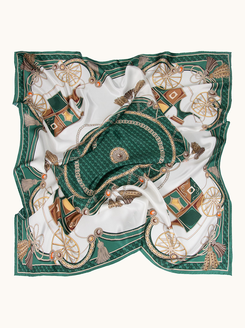 Apaszka jedwabna kremowo-zielona z motywem karocy 90 cm x 90 cm zdjęcie 1