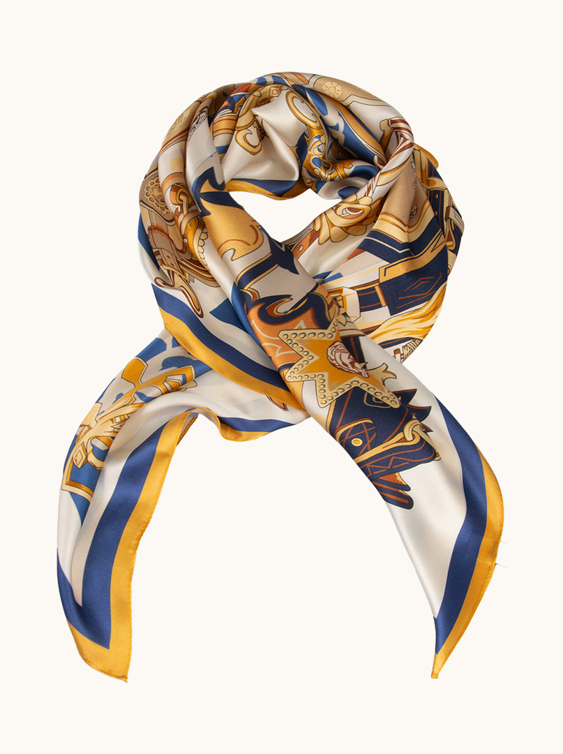 Navy blue silk scarf with decorative yellow trim 90 cm x 90 cm image 1