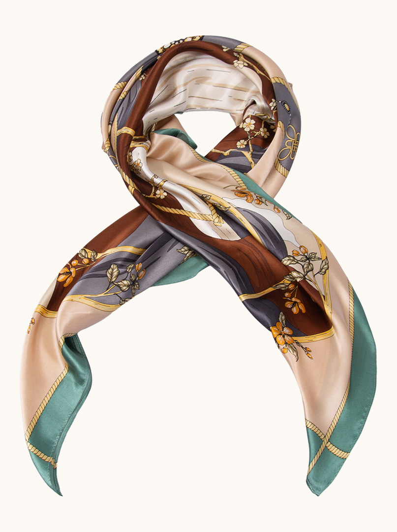 Beige silk floral scarf with green border 90 cm x 90 cm image 2