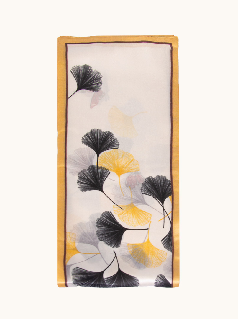 Double-sided narrow double silk shawl with ginkgo motif 16cm x145cm image 2