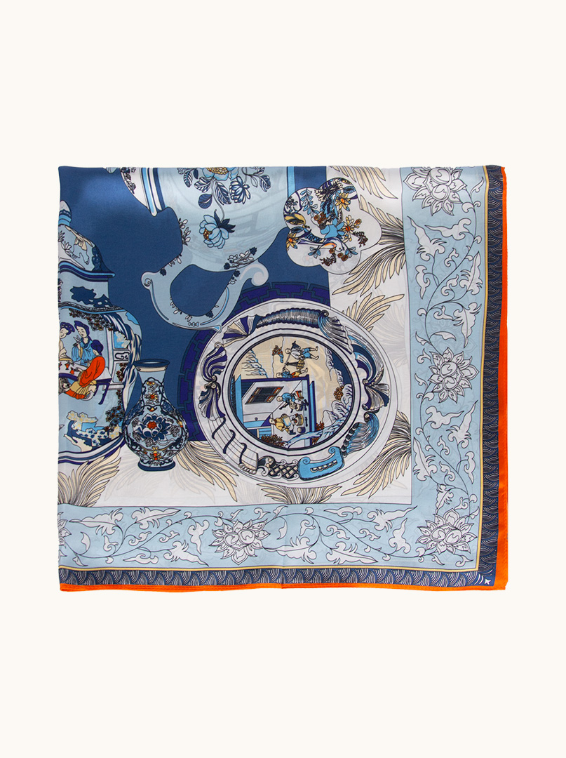 Patterned silk scarf with orange border 90 cm x 90 cm image 3