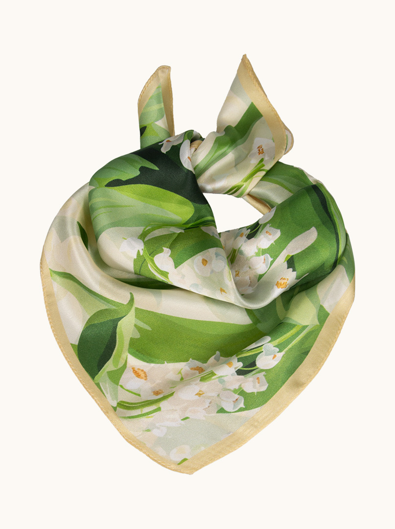 White silk gavroshka with lily of the valley motif 53x53 cm image 1