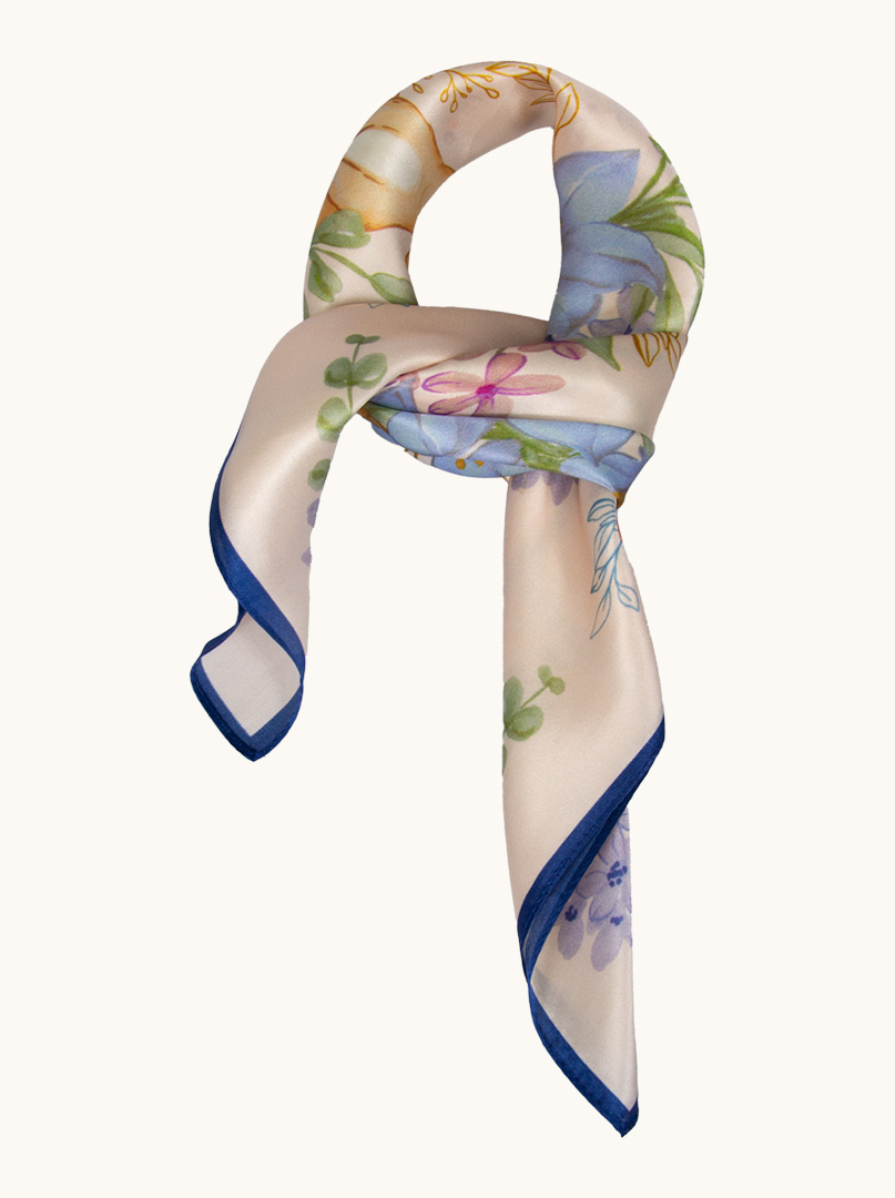 Cream silk scarf with hare motif 70 cm x 70 cm image 1