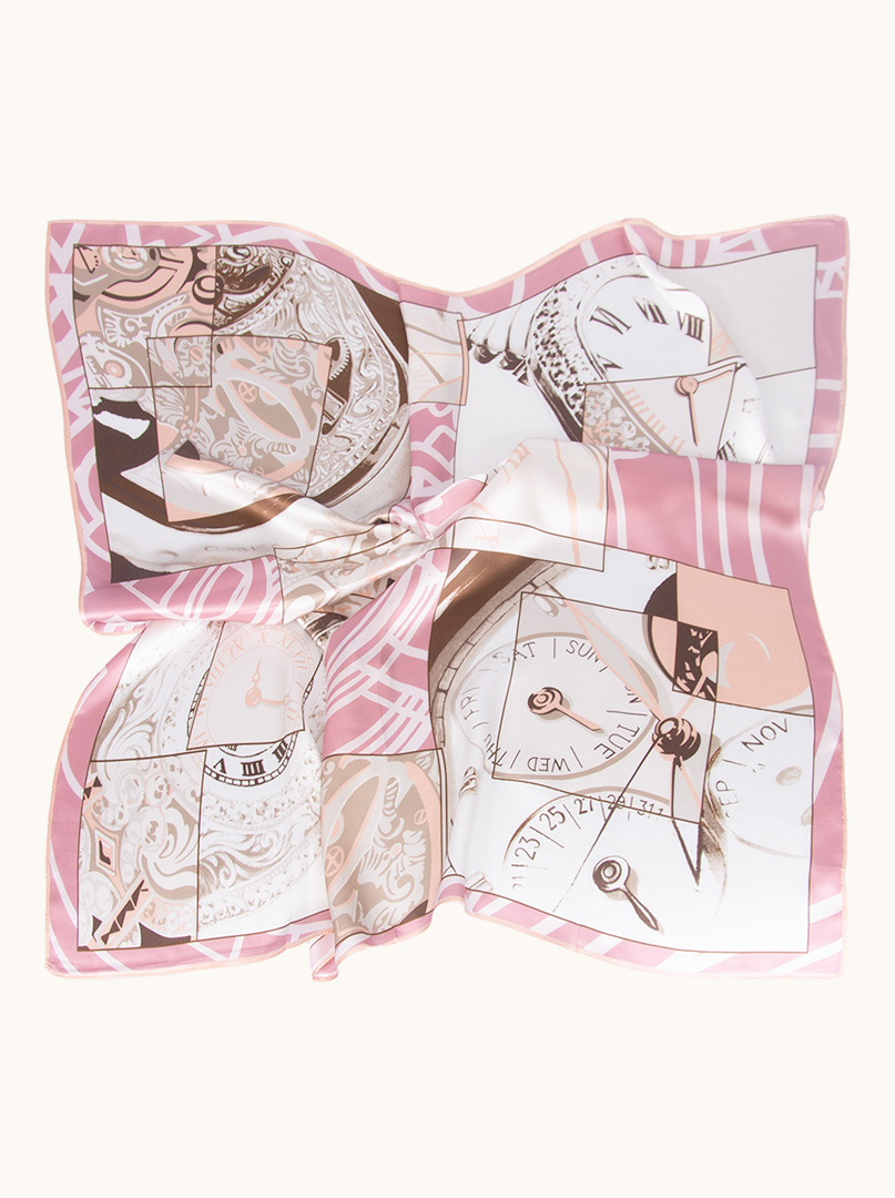 Pink silk scarf with clock motif 90 cm x 90 cm PREMIUM image 3