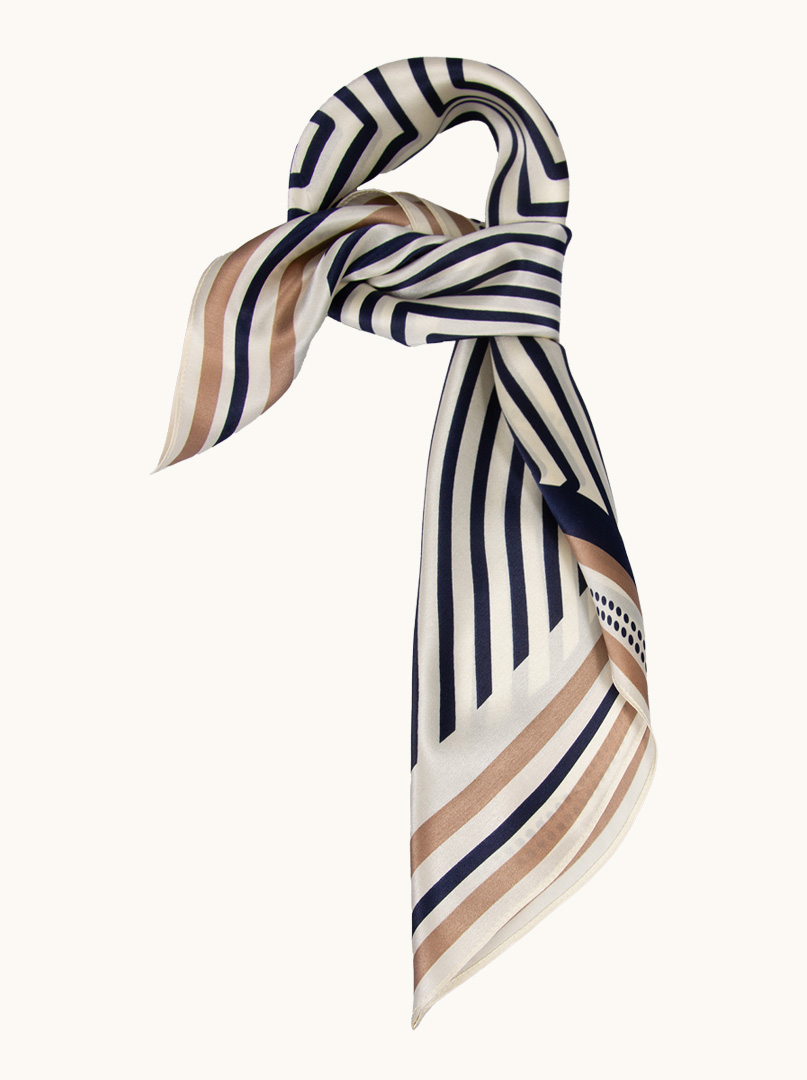 Ecru silk scarf with navy blue geometric patterns 70 cm x 70 cm image 3