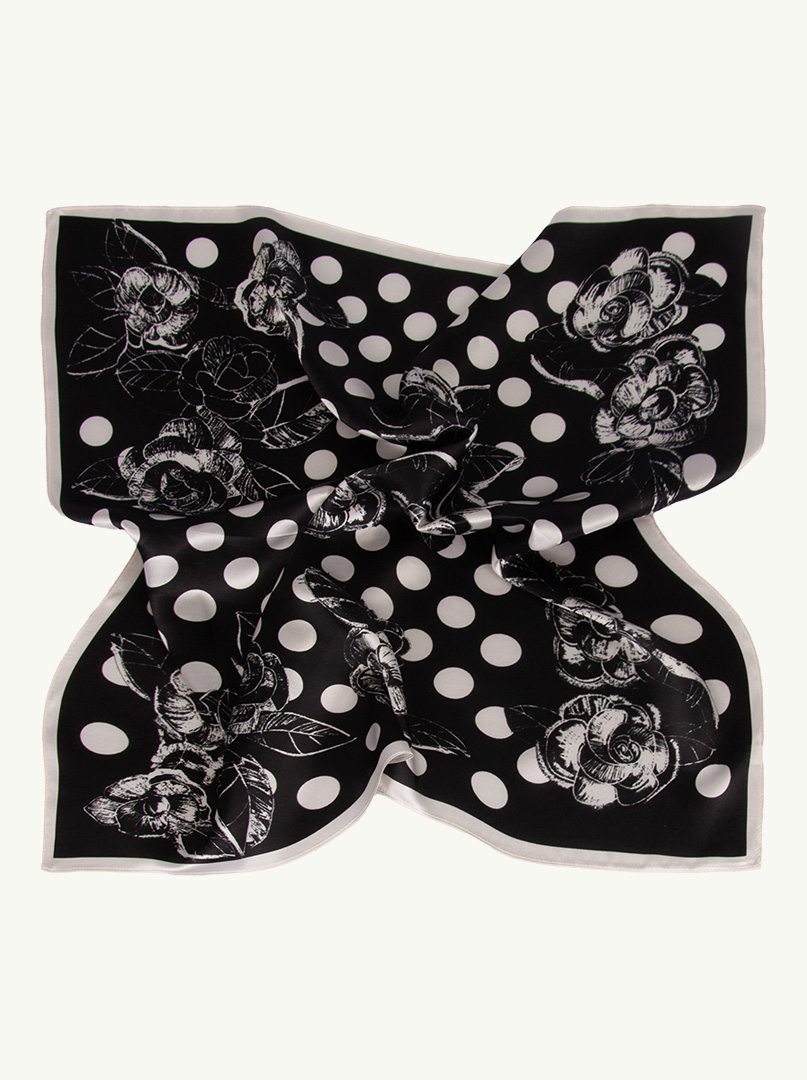 Black silk scarf with white peas and roses 70 cm x 70 cm image 2