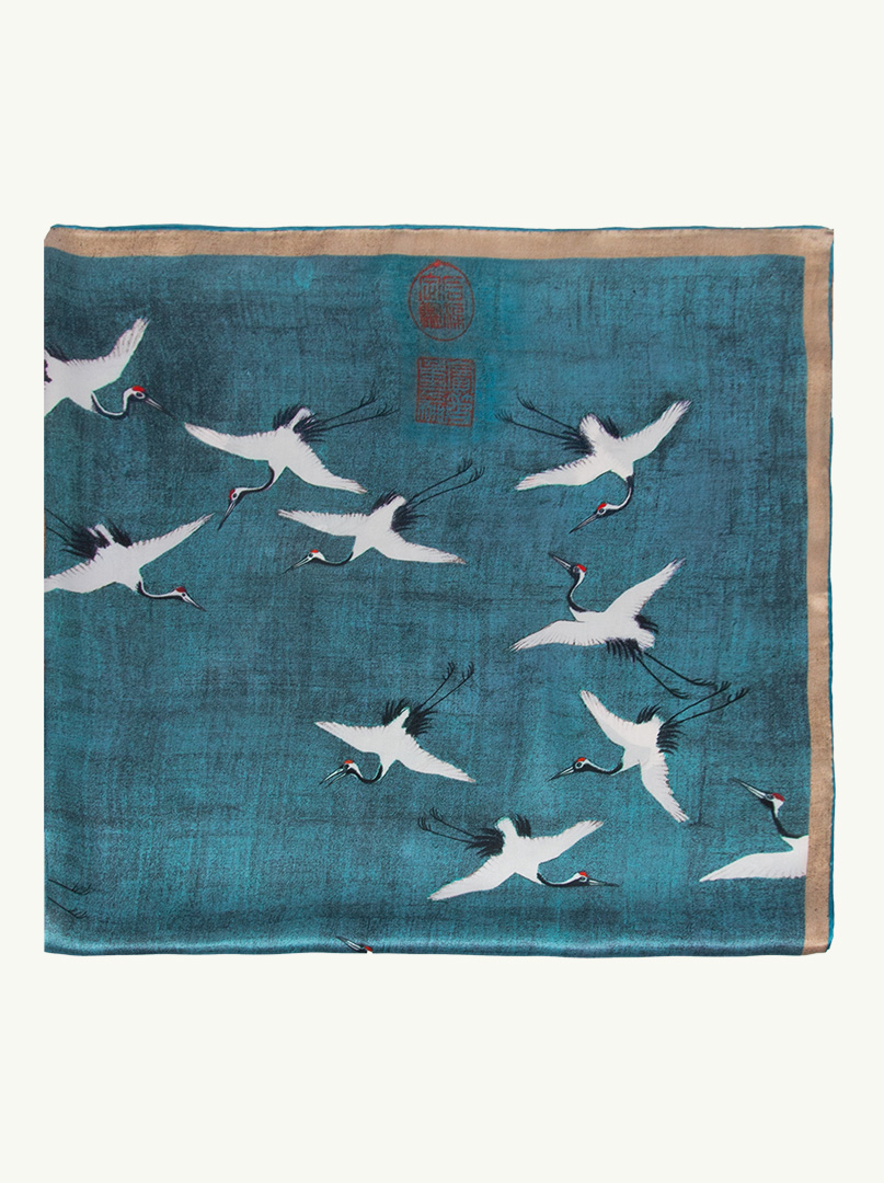 Large silk scarf with motif of flying cranes image 3