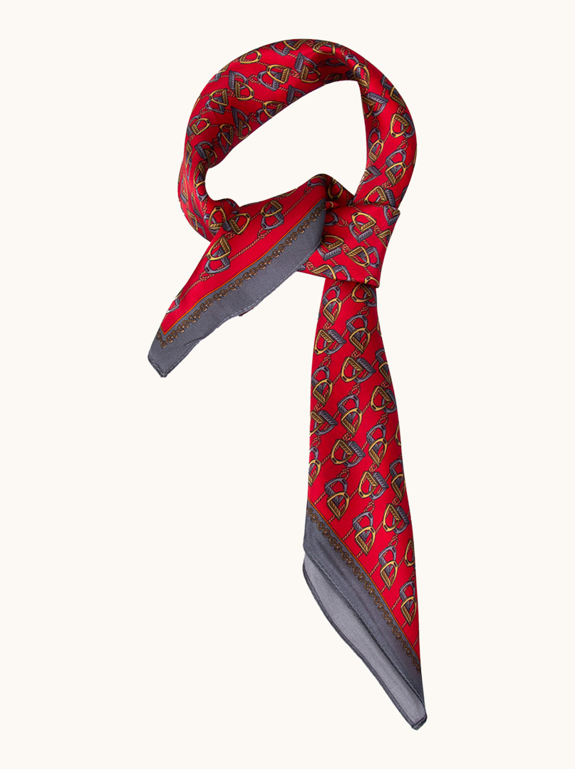 Red patterned silk scarf with gray border 70 cm x 70 cm image 1