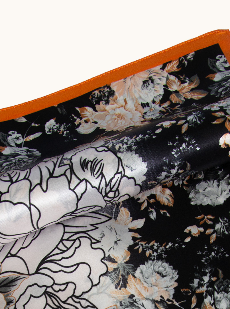 Silk black gavroche with flowers, with orange border 53x53 cm image 3