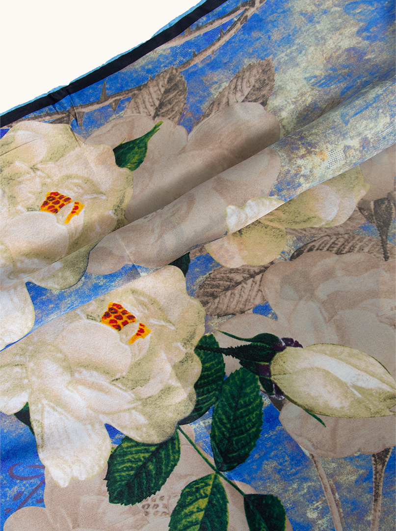 Large blue silk scarf with painted flowers 110 cm x 110 cm image 3