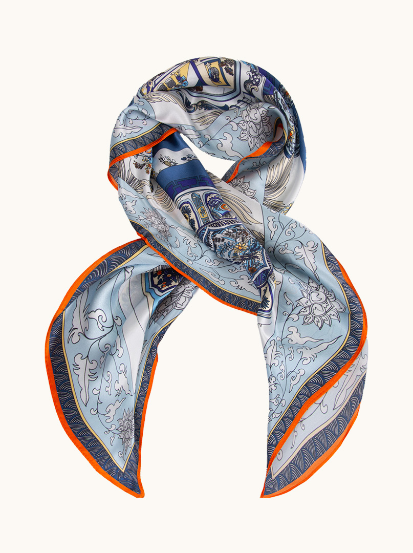 Patterned silk scarf with orange border 90 cm x 90 cm image 1