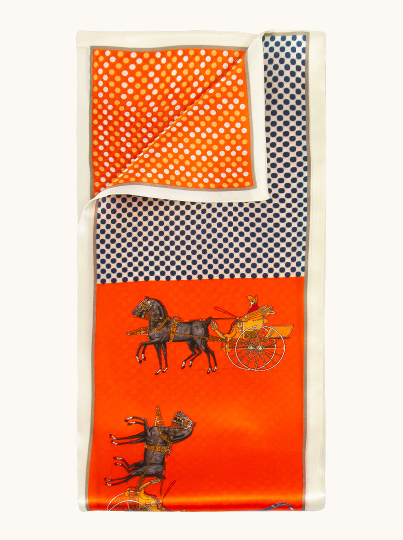 Double-sided narrow double silk orange shawl with coach motif image 4
