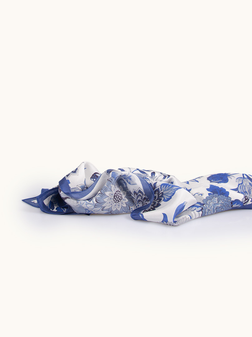 White silk scarf with blue flower motif 35 cm x 140 cm image 3