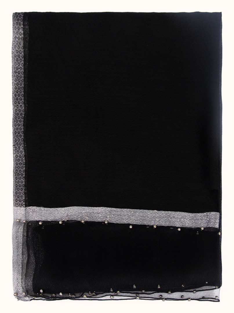 Czarny szal wizytowy ze srebrnymi perełkami i srebrną lamówką 65 cm x 185 cm zdjęcie 2