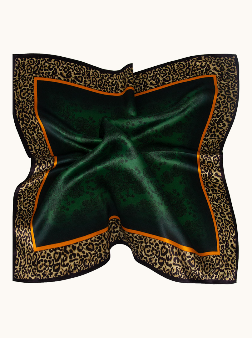 Small green silk gavroshka with panther border 53x53 cm image 2