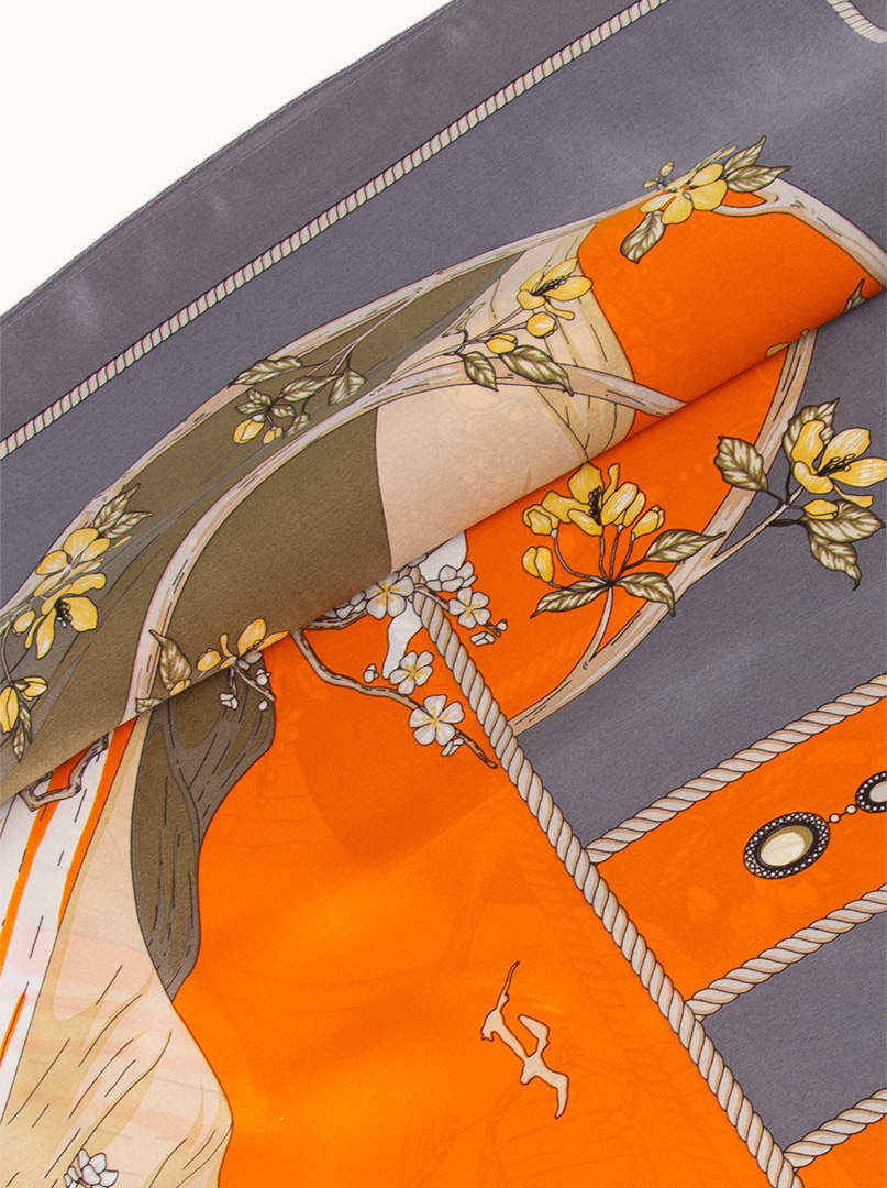 Orange and graphite floral silk scarf 90 cm x 90 cm image 3