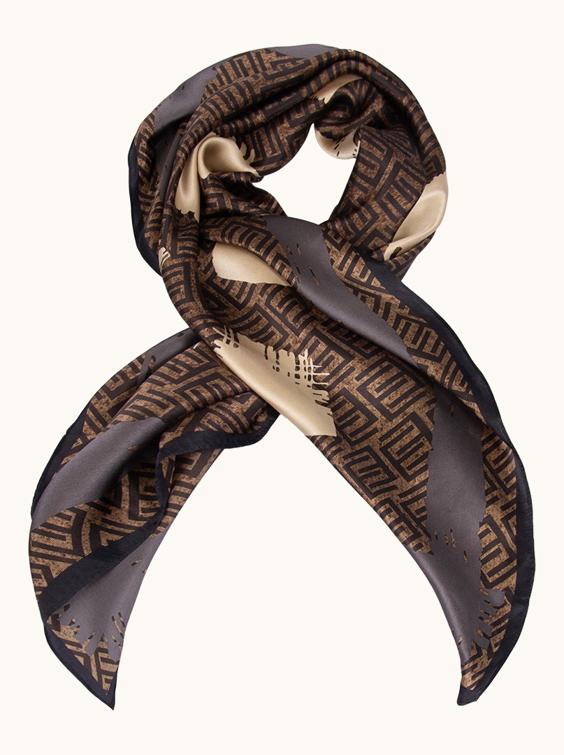 Brown silk scarf with black geometric patterns 90 cm x 90 cm PREMIUM image 4
