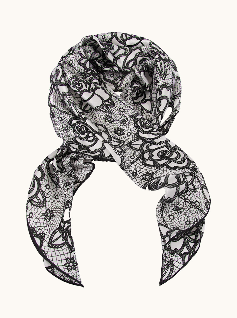 Large black and white floral silk scarf 105cm x 105cm PREMIUM image 3