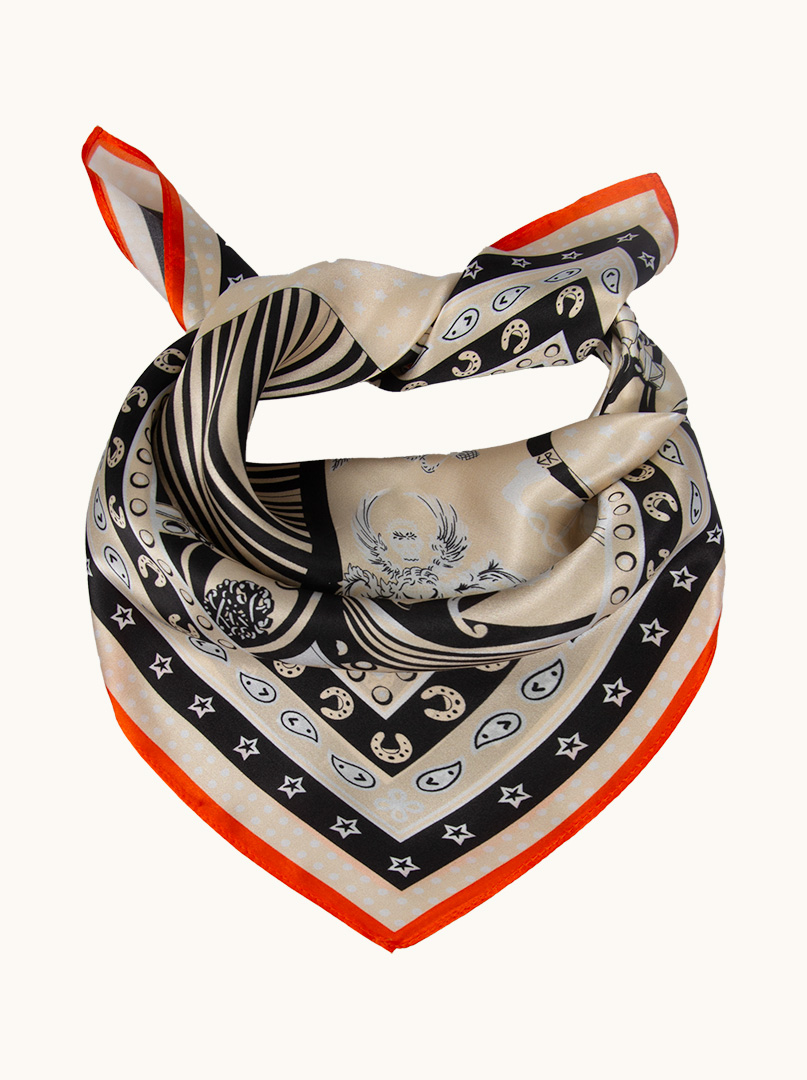 Silk gavroche with horse motif with orange border 53x53 cm image 1