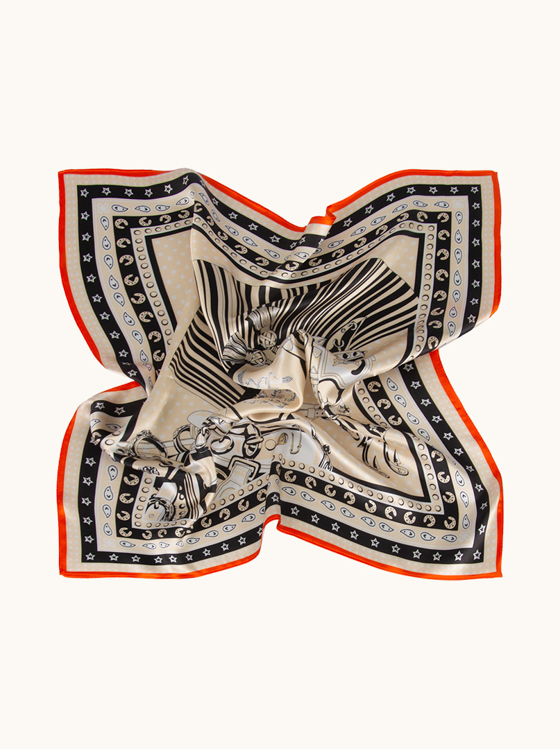 Silk gavroche with horse motif with orange border 53x53 cm image 4