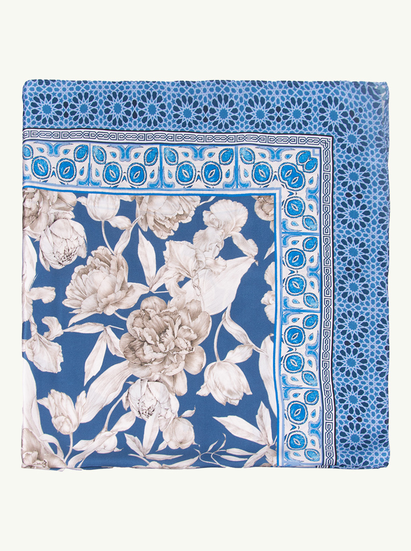 Blue silk scarf with white flowers 90 cm x 90 cm image 2