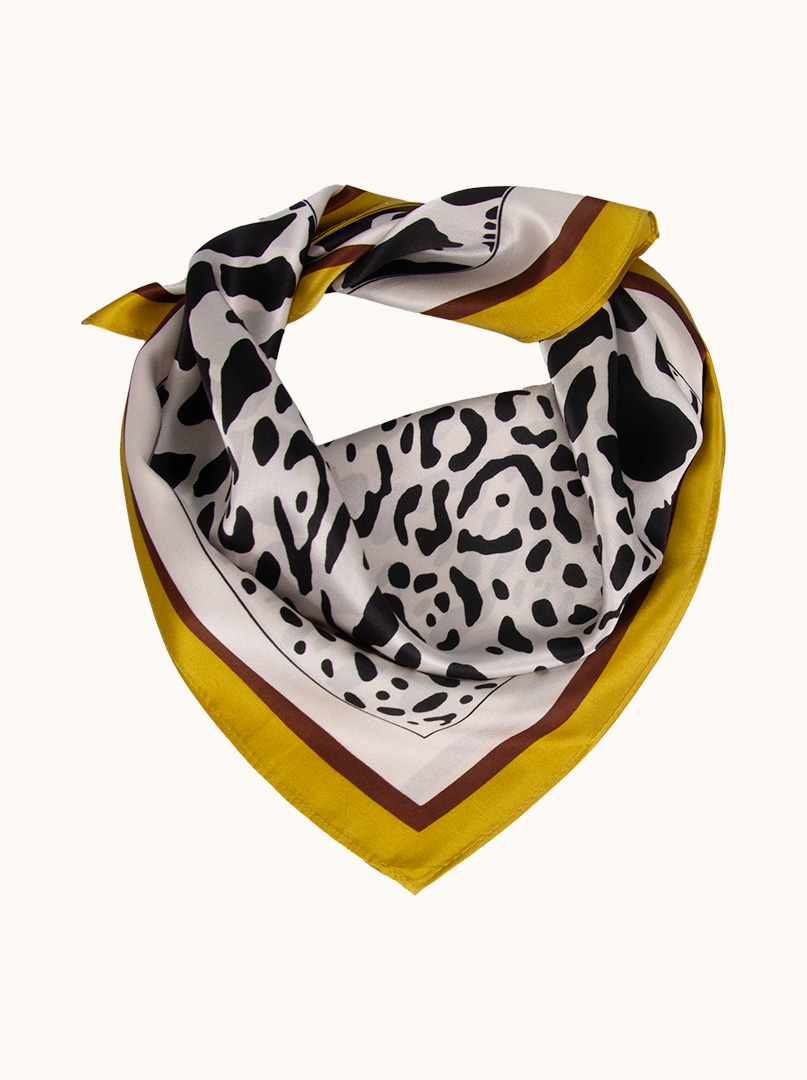 Silk gavroshka white with leopard motif with yellow border 53x53 cm image 1