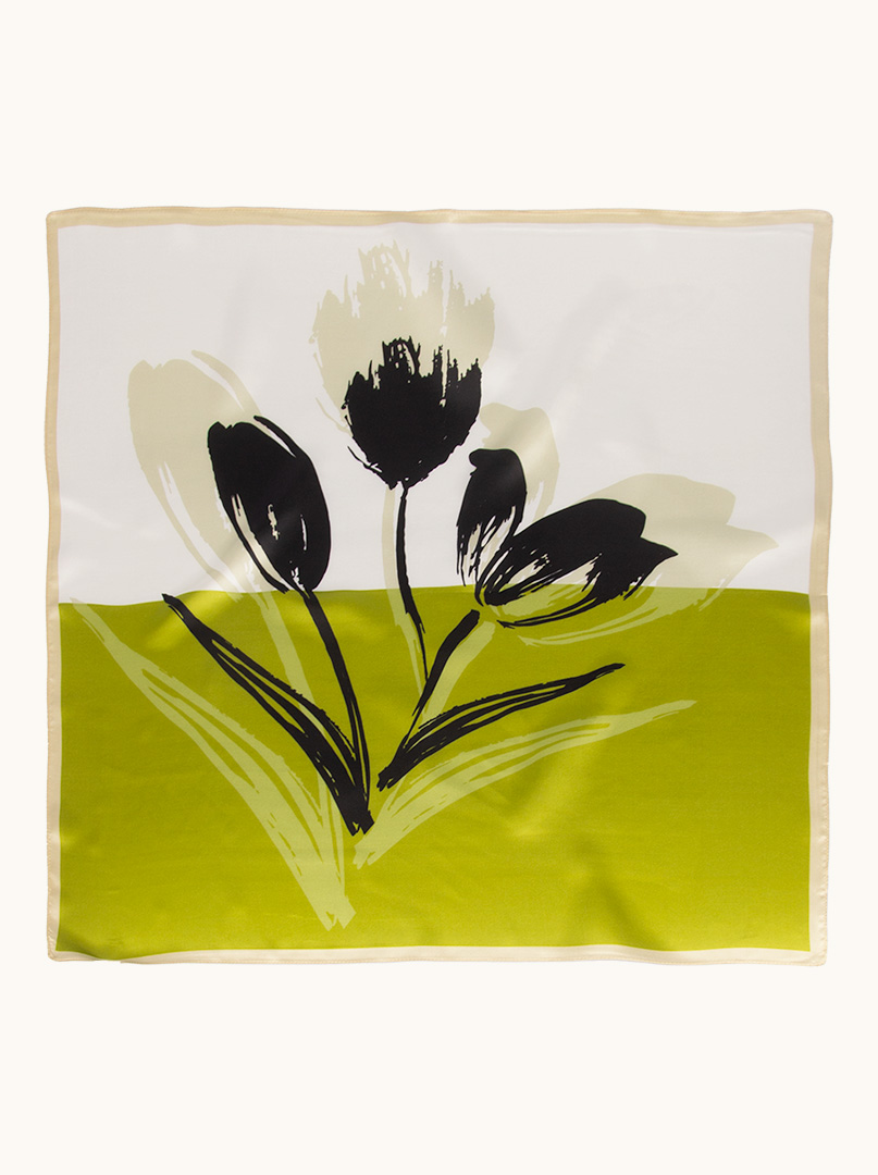 Apaszka jedwabna zielona z motywem tulipanów 70 cm x 70 cm zdjęcie 1