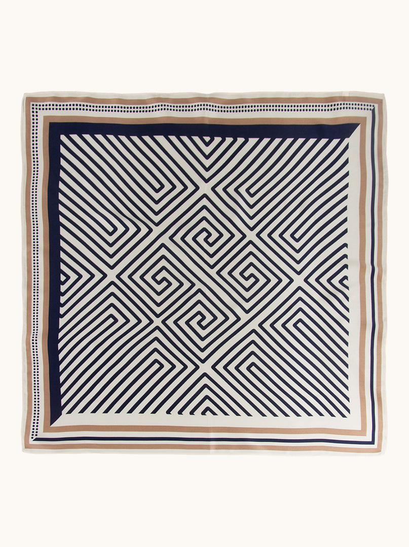 Ecru silk scarf with navy blue geometric patterns 70 cm x 70 cm image 4