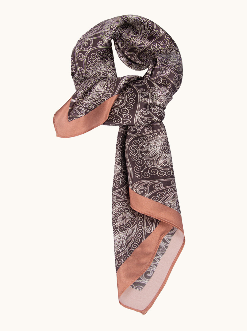 Black patterned silk scarf with brown border 68x68cm PREMIUM image 3
