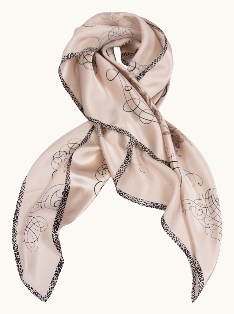 Pink silk scarf with black patterns and floral motif 90 cm x 90 cm PREMIUM image 3