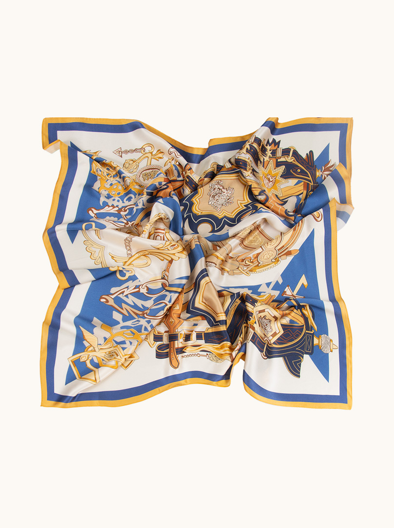 Navy blue silk scarf with decorative yellow trim 90 cm x 90 cm image 2