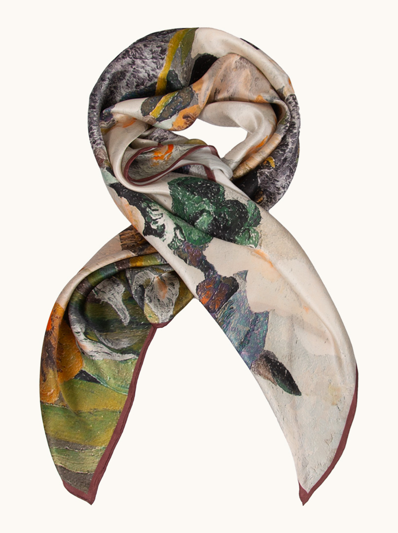 Large silk scarf in painterly flowers with a burgundy border 110cm x 110cm image 3