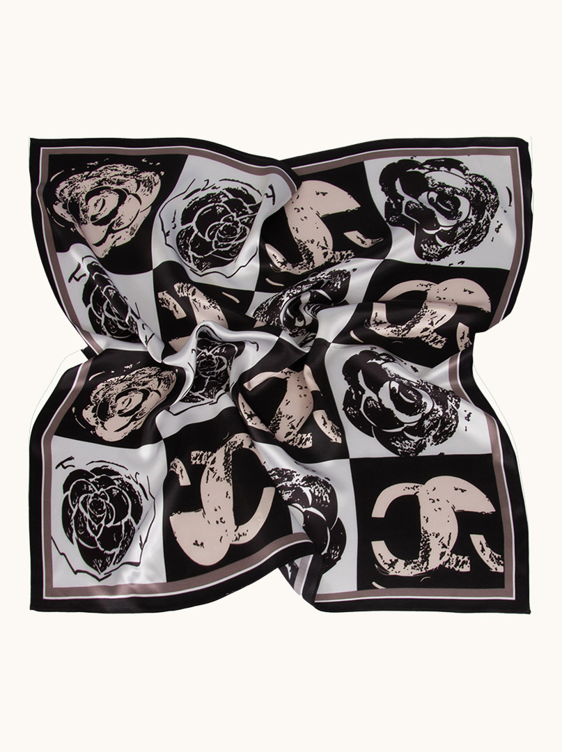Black and white silk scarf with rose motif on checkerboard 70 cm x 70 c image 2